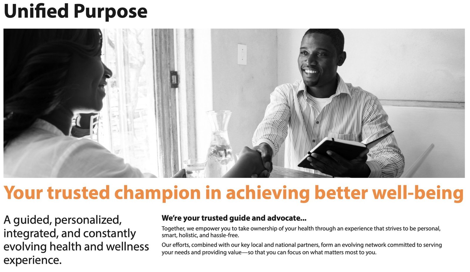 Unified Purpose page: 'Your trusted champion in achieving better well-being' — a guided, personalized, integrated, and constantly evolving health and wellness experience.